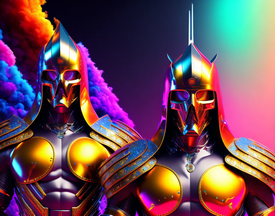 Vibrant futuristic armored figures with colorful smoke background