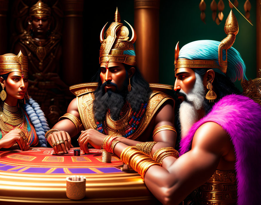 Three animated characters in ancient Egyptian attire discussing strategy with game pieces.