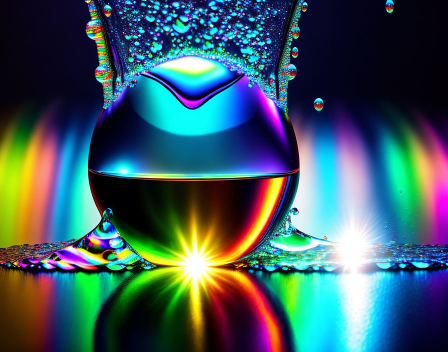 Colorful Crystal Ball with Refracted Light and Water Droplets