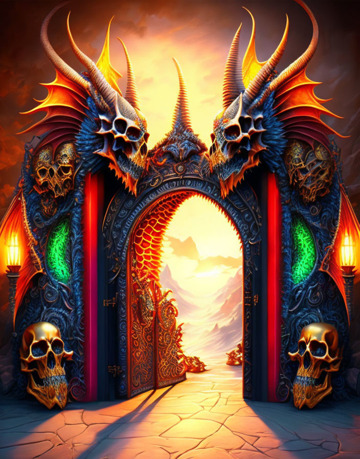 Fantasy-Themed Gate with Dragon Skull Decorations and Glowing Symbols