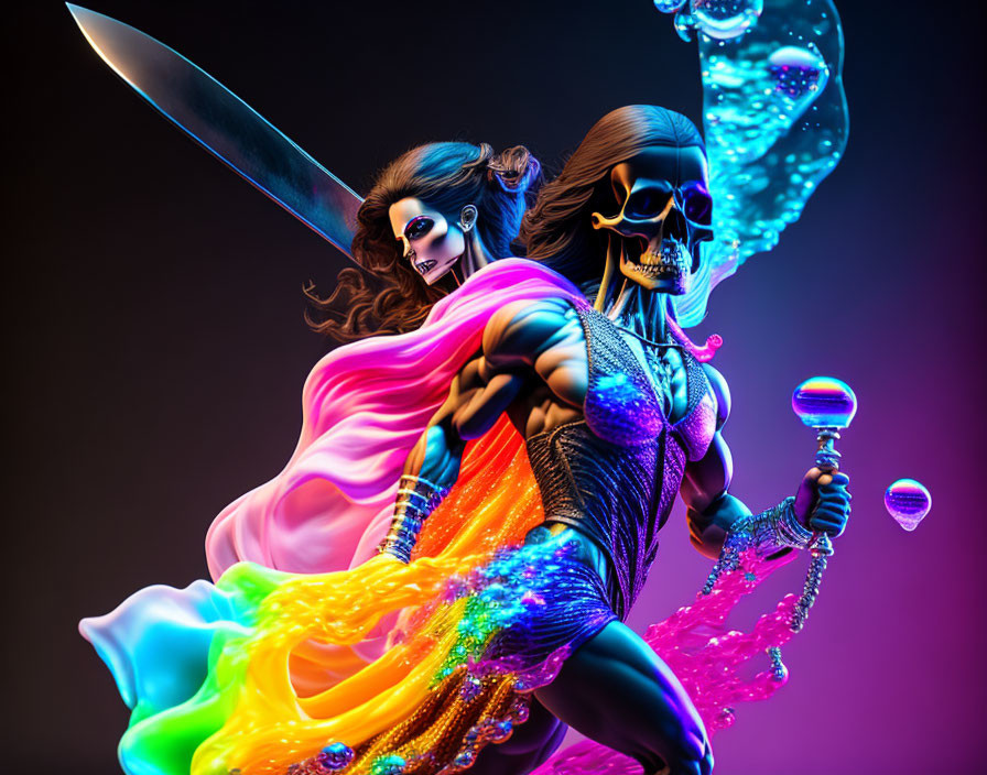 Colorful digital artwork of masked female warrior with cape and sword next to skeletal figure with scythe