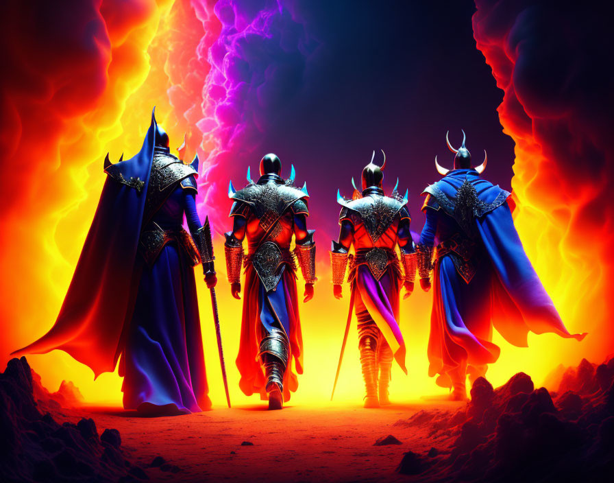 Four armored knights in fiery landscape ready for battle