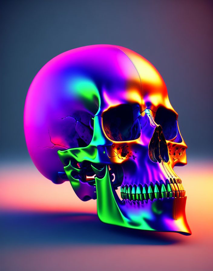 Colorful Human Skull with Purple to Green Gradient on Muted Background