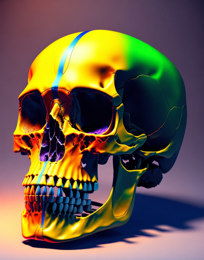 Colorful Neon Human Skull on Purple Background