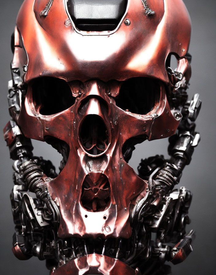 Detailed Metallic Robot Skull with Copper Surface