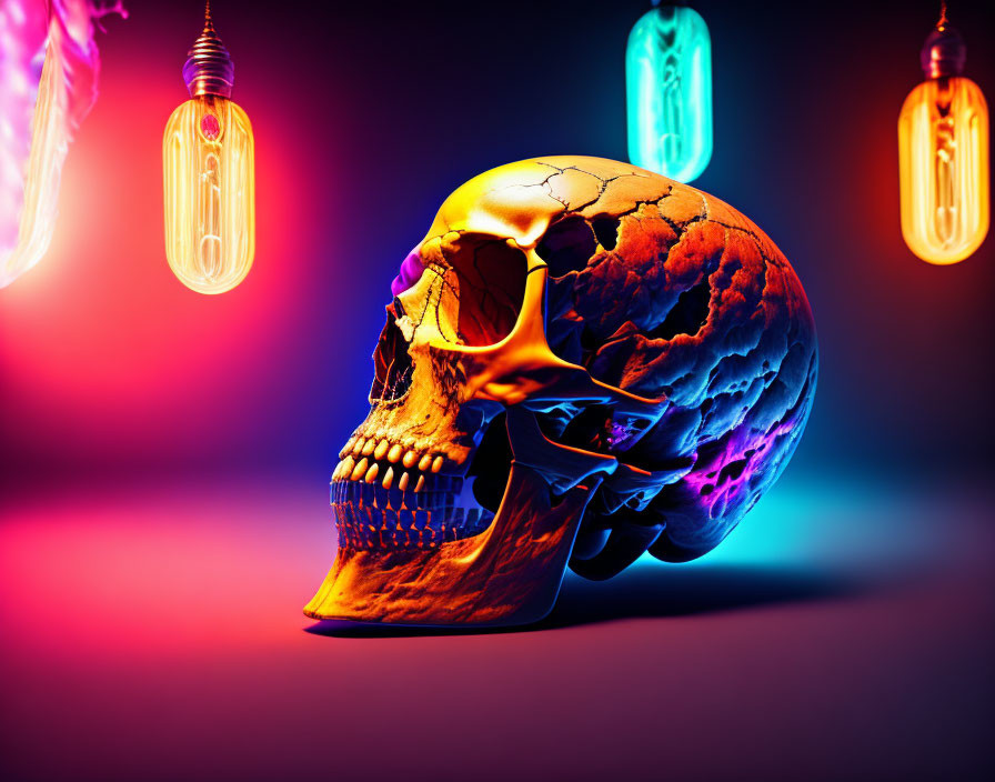 Colorful Golden Skull Illuminated by Edison Bulbs on Gradient Background