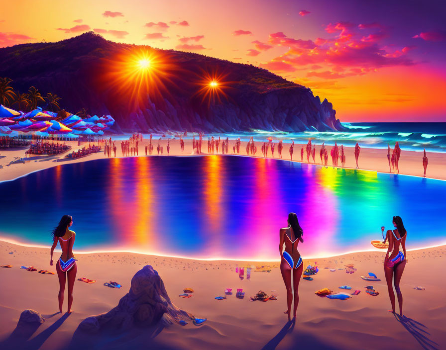 Colorful beach scene at sunset with people, umbrellas, and silhouettes by calm waters