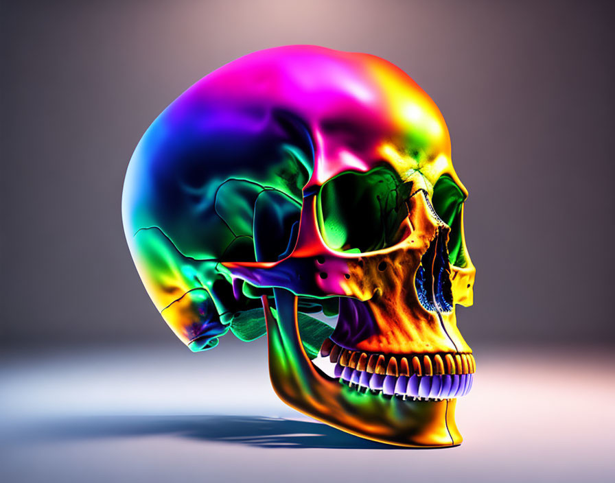 Vivid iridescent human skull against neutral backdrop