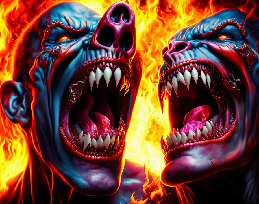 Monstrous blue faces with fangs in vivid flames