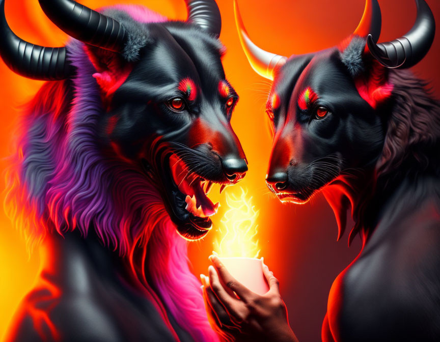 Stylized black bulls with horns breathing fire on orange background