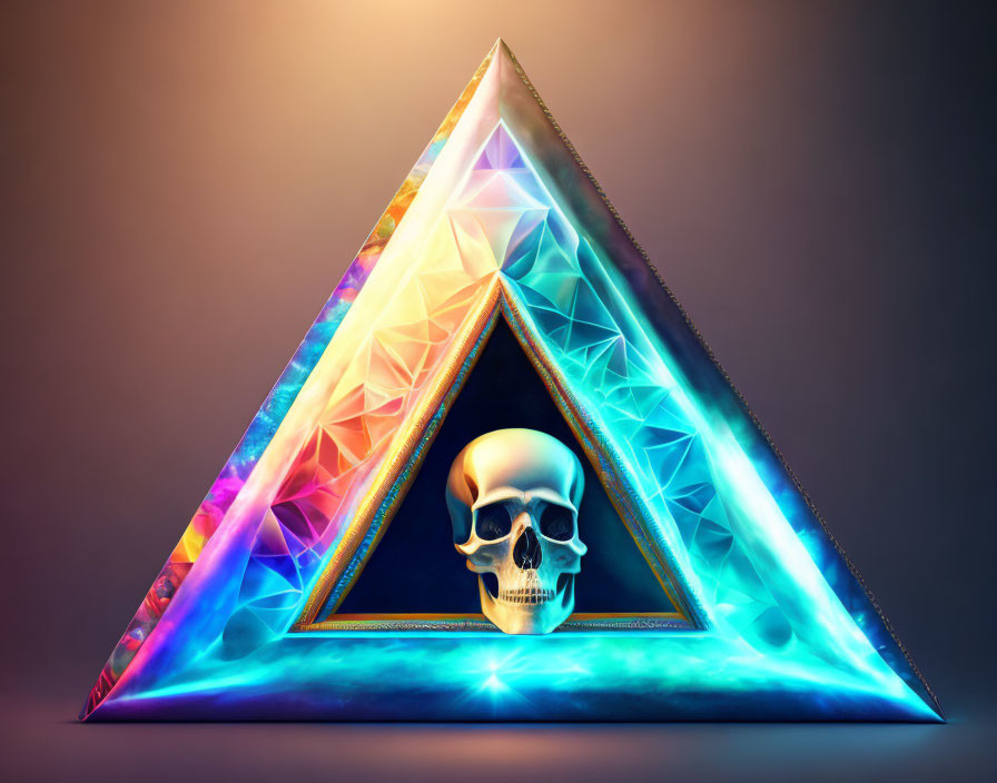 Multicolored triangular fractal structure with human skull on warm gradient background