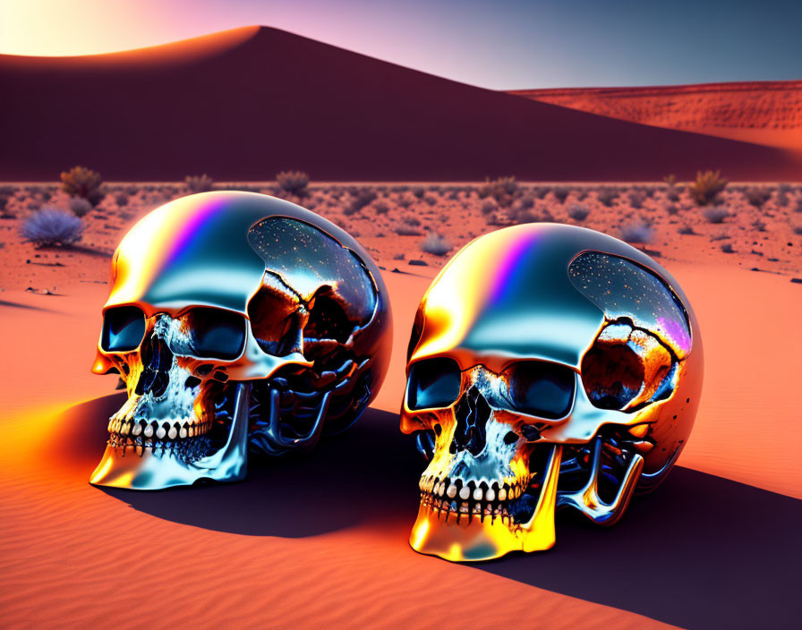 Iridescent skulls on desert sand dune at twilight