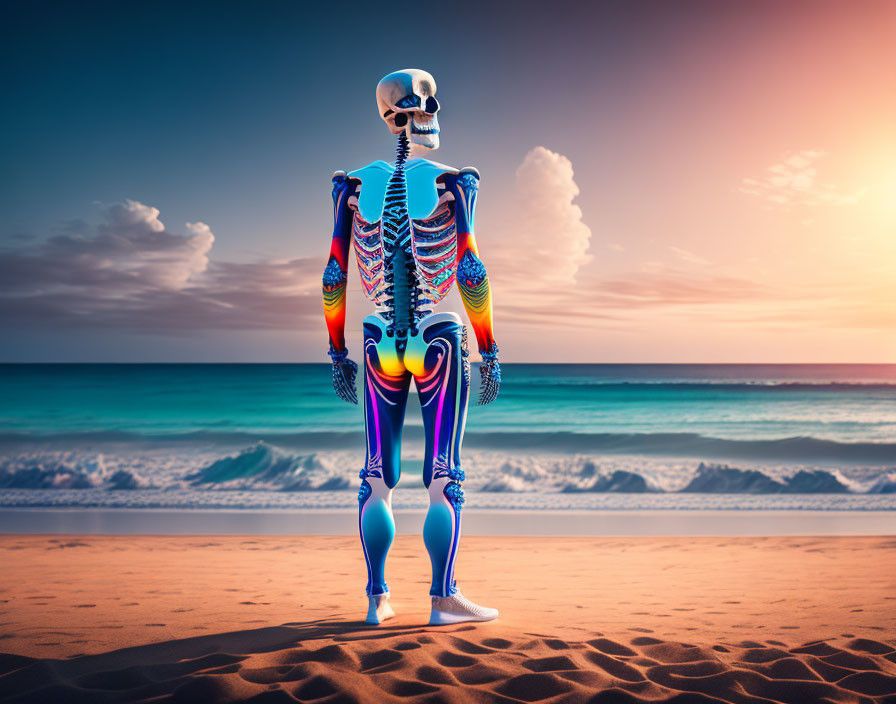 Colorful Skeleton on Beach with Ocean Sunset Sky