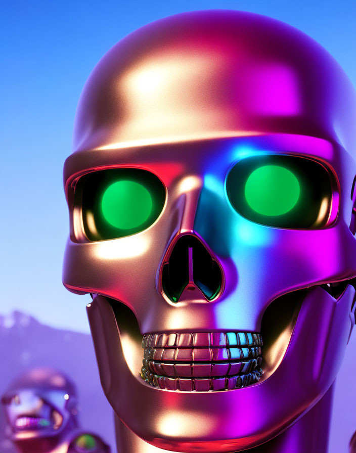 Shiny multicolored metallic skull with green illuminated eyes on purple background.