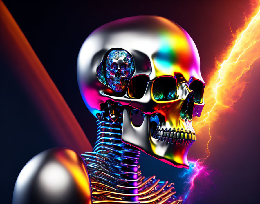 Colorful Stylized Skull with Sunglasses and Neon Lightning Background