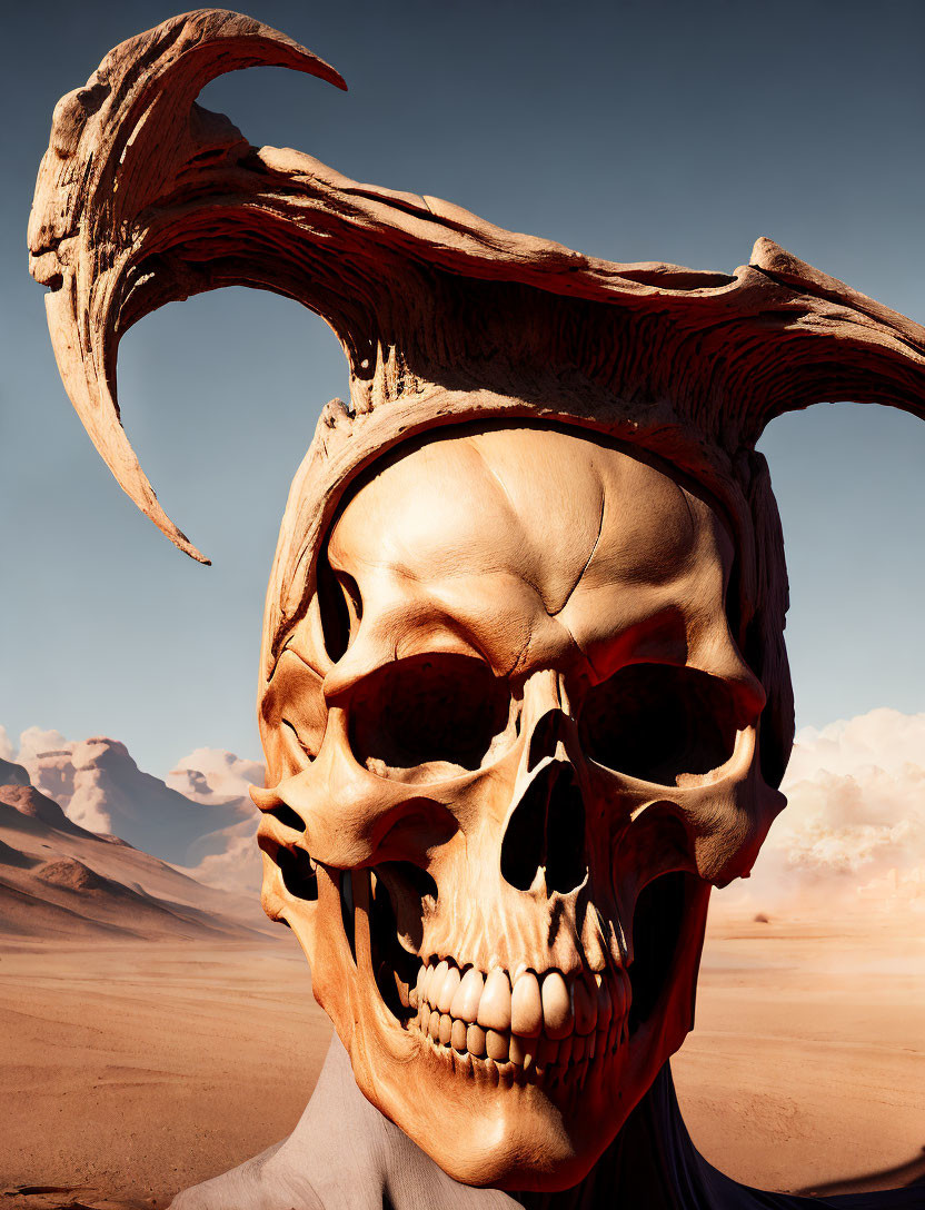 Surreal oversized skull with twisted horns in desert landscape