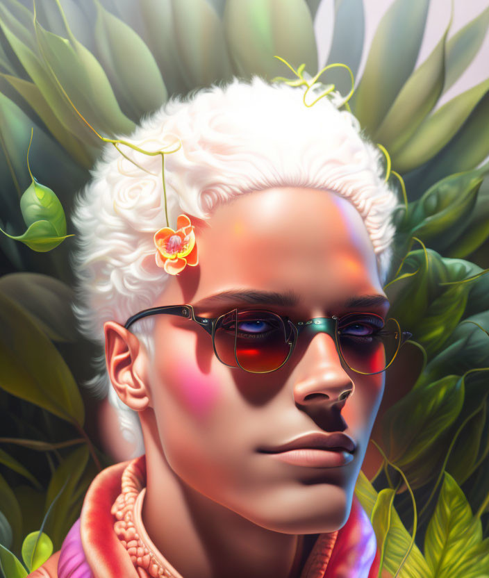 Portrait of person with albinism in orange jacket, sunglasses, surrounded by greenery.