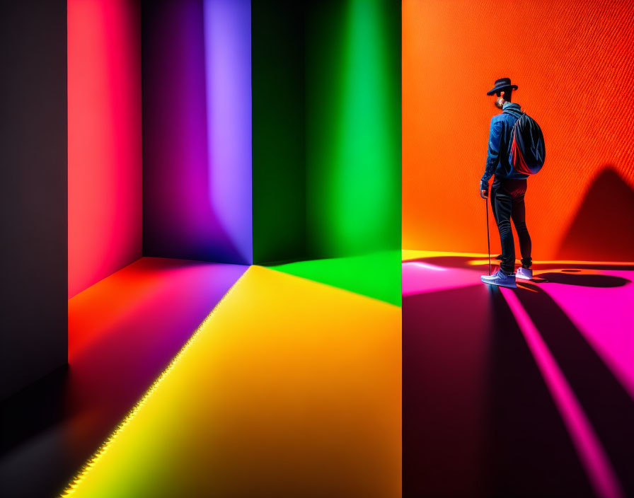 Person in Hat Surrounded by Colorful Light Beams and Dynamic Spectrum