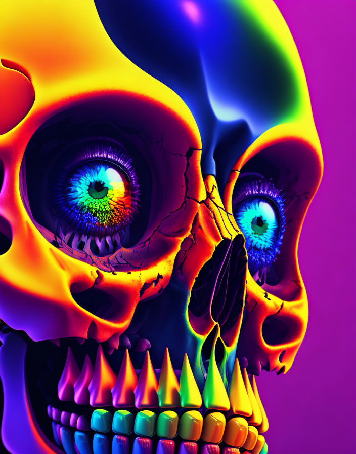 Colorful neon human skull art with intense blue eyes