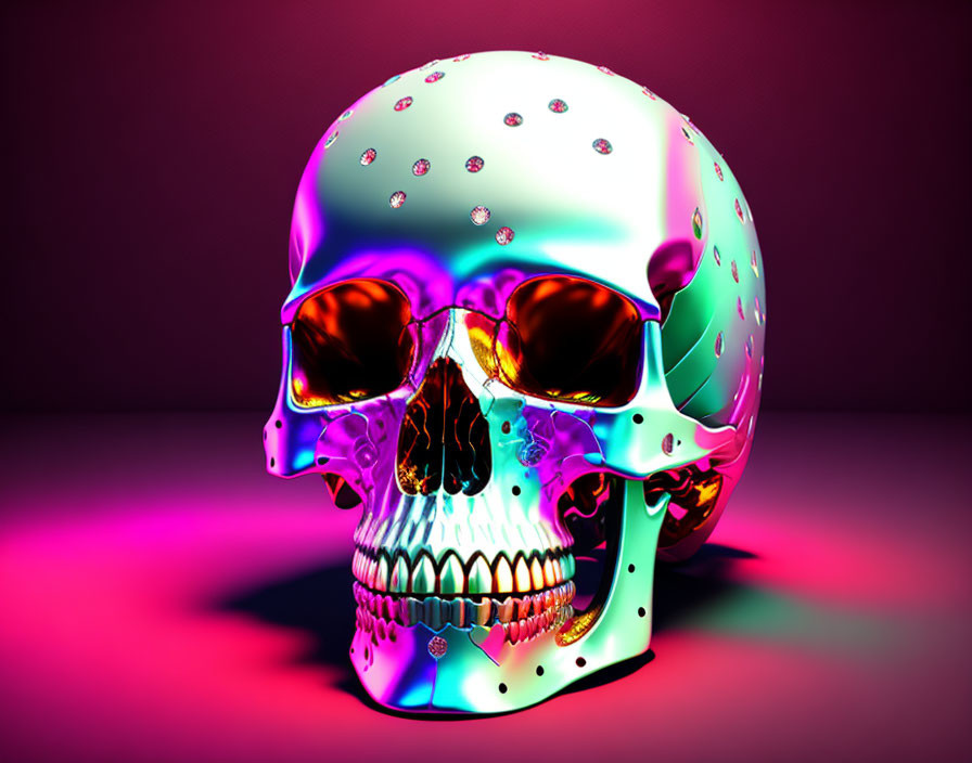 Iridescent human skull with diamond-like gems on pink background