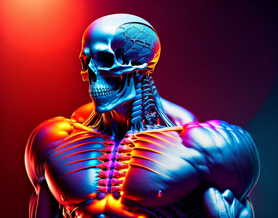 Detailed 3D rendering of human skeleton with highlighted muscles on gradient background