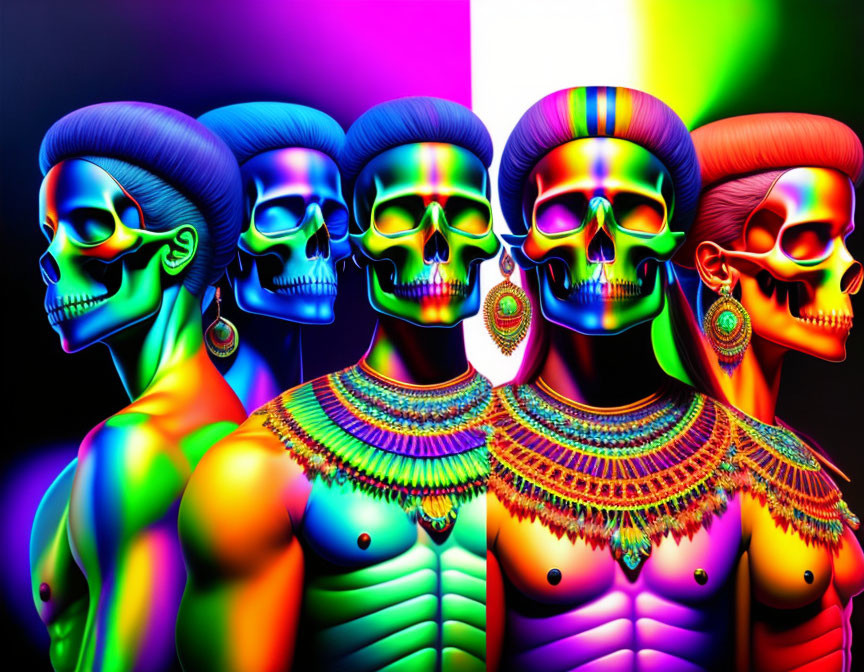 Vibrant Neon-Colored Skeletons with Psychedelic Designs