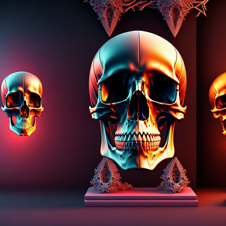 Detailed 3D rendering of large skull with glowing eyes and geometric patterns on dark red backdrop