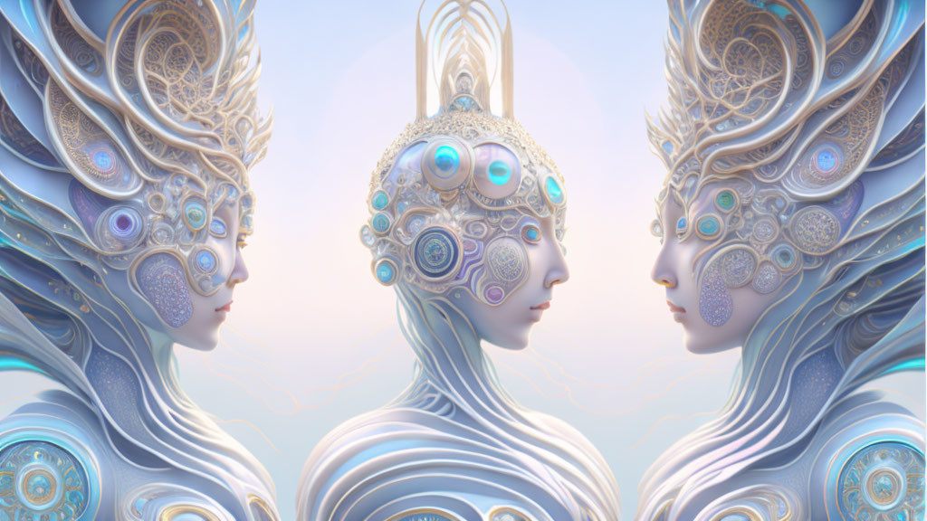 Ethereal beings with ornate headpieces in pastel hues