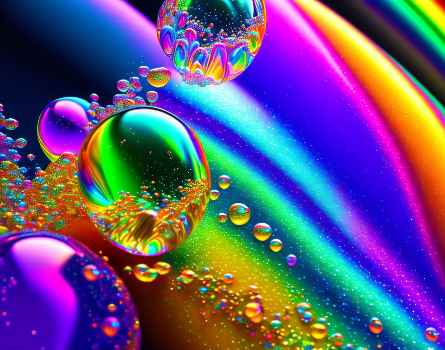 Colorful iridescent bubbles on swirling rainbow backdrop