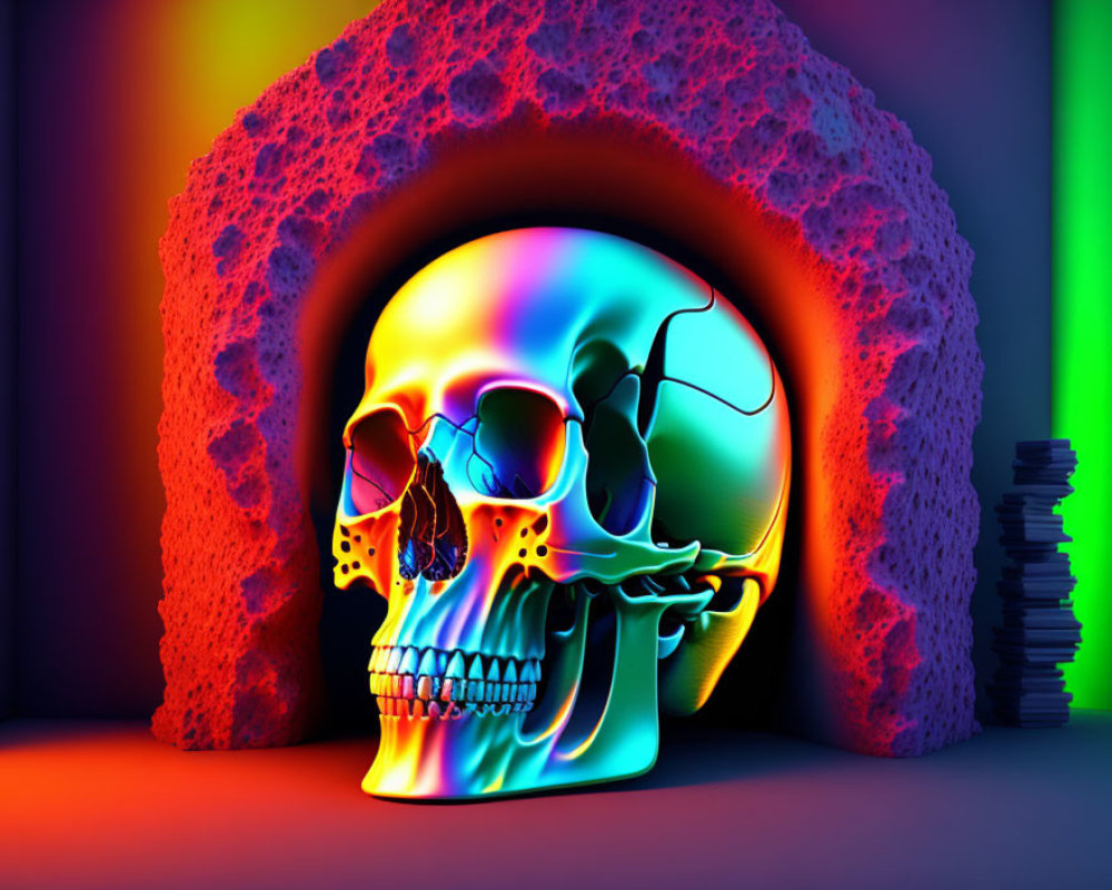 Multicolored neon-lit skull with archway and books on dark backdrop