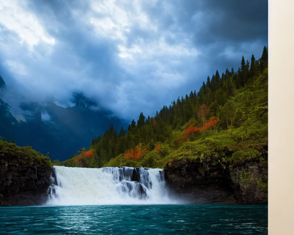 Scenic landscape with waterfall, blue lake, greenery, autumn trees, and cloudy sky