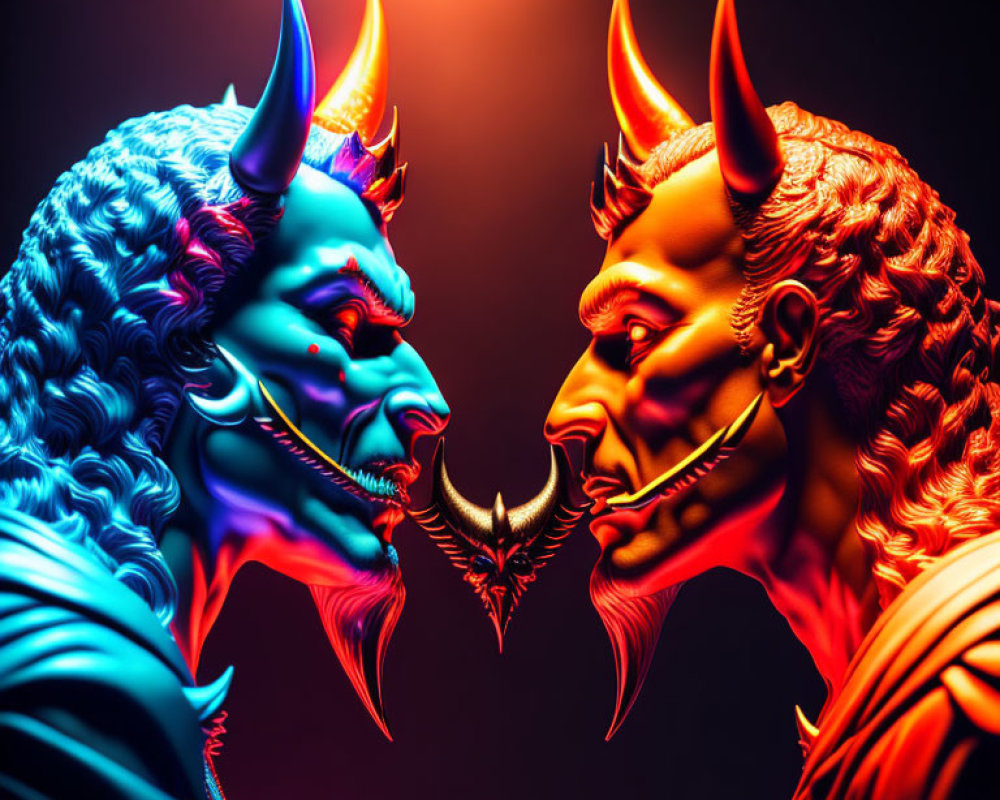 Vibrant demonic figures with horns against dark background