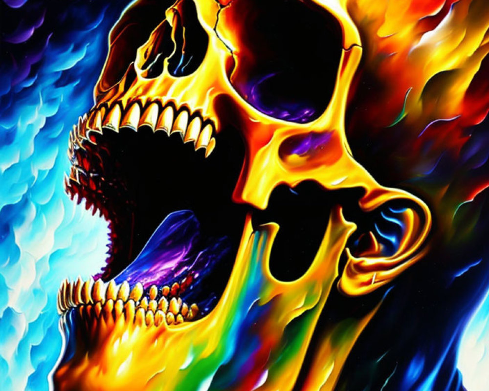 Colorful Skull Artwork with Fiery Palette and Fluid Background