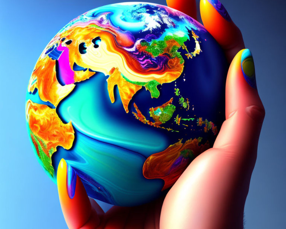 Colorful surreal Earth in hand on blue background