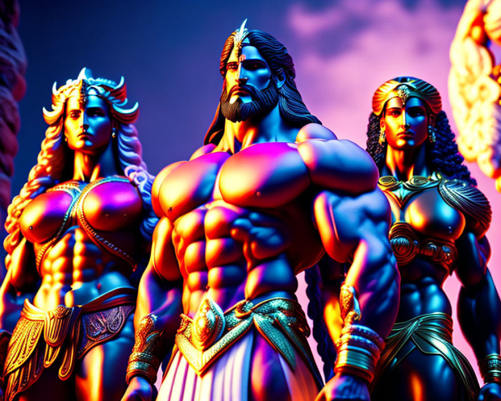 Three stylized, muscular figurines illuminated with blue and orange lighting.