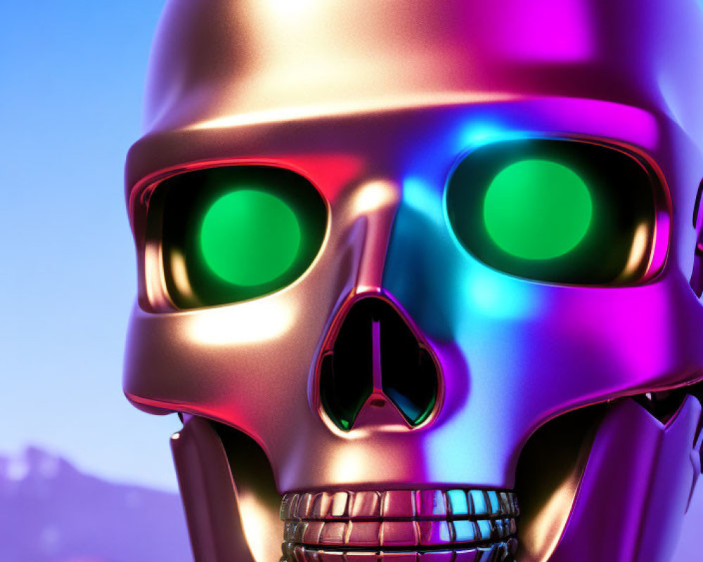 Shiny multicolored metallic skull with green illuminated eyes on purple background.