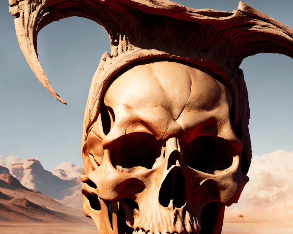 Surreal oversized skull with twisted horns in desert landscape