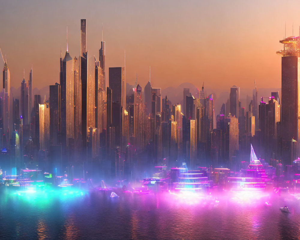 Futuristic city skyline at dusk with neon lights & skyscrapers