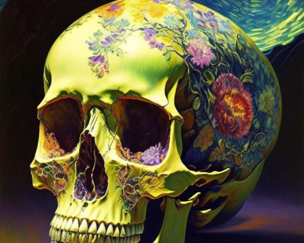 Colorful skull with floral patterns on dark background and lone flower.