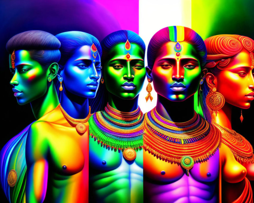 Colorful Stylized People Profiles with Traditional Jewelry on Rainbow Gradient Background