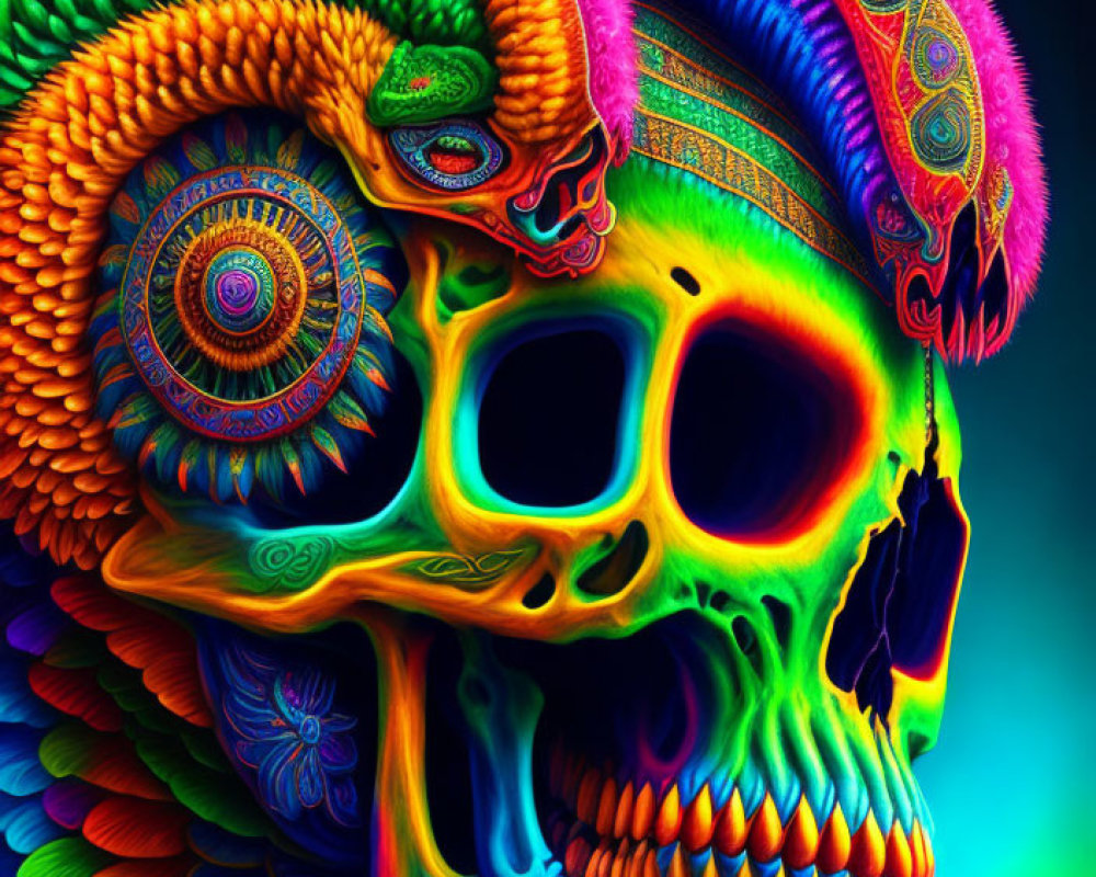 Colorful Skull Illustration with Psychedelic Patterns & Feathered Headdress