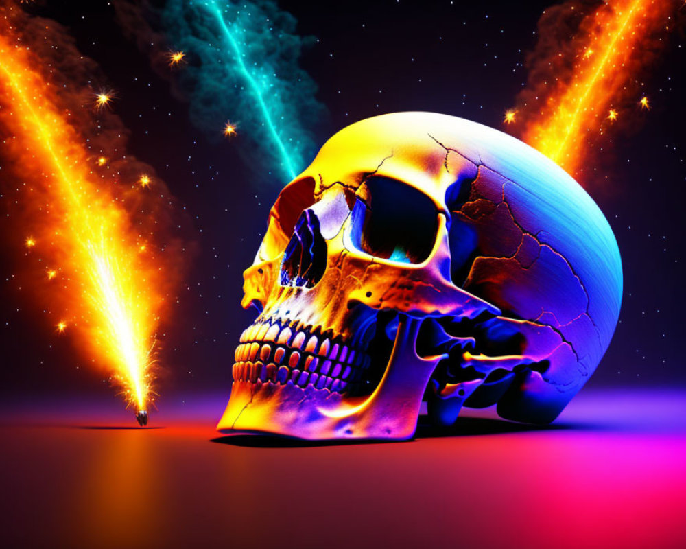 Colorful digital art: Glowing skull on cracked surface with fireworks and light beams