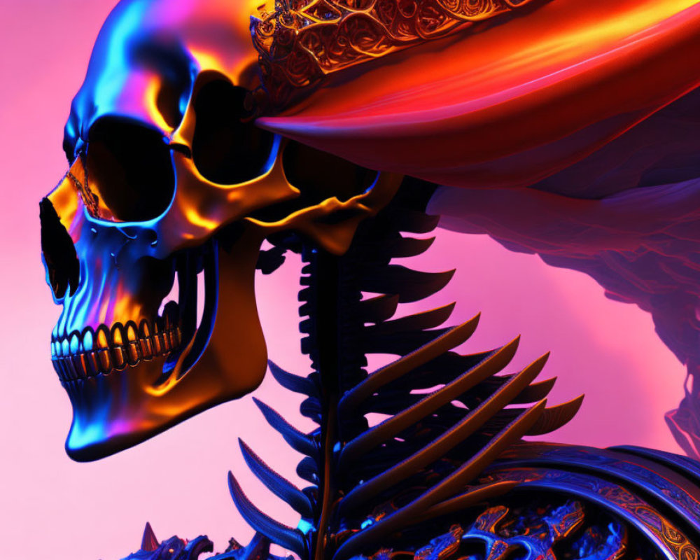 Golden Skull with Spine and Red Cape on Pink and Purple Background