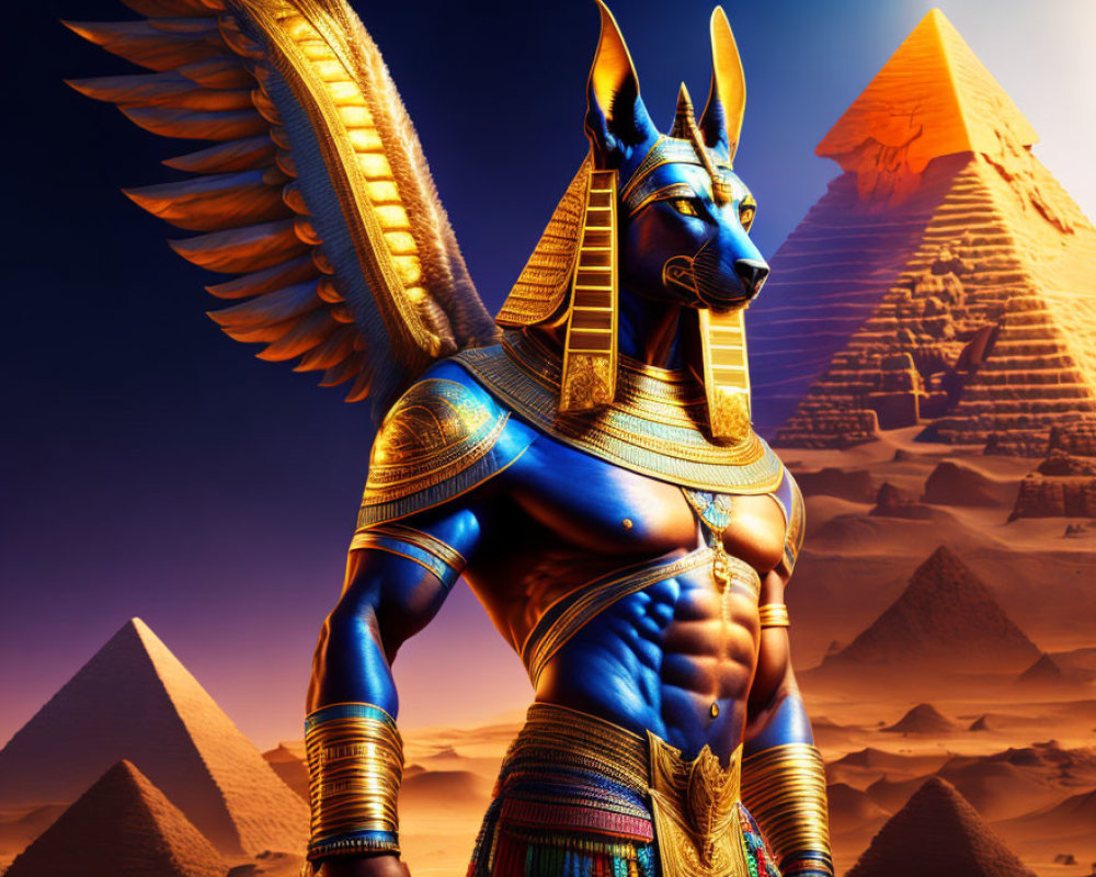 Egyptian Anubis Statue with Golden Wings in Front of Pyramids at Dusk