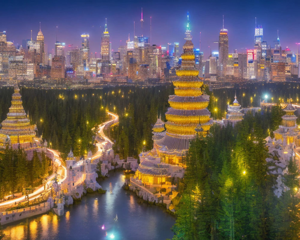 Cityscape blending modern skyscrapers with traditional Asian pagodas by a river at twilight.