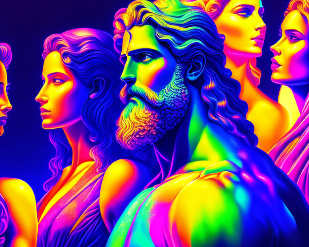 Neon-colored digital artwork of four classical Greek-style busts