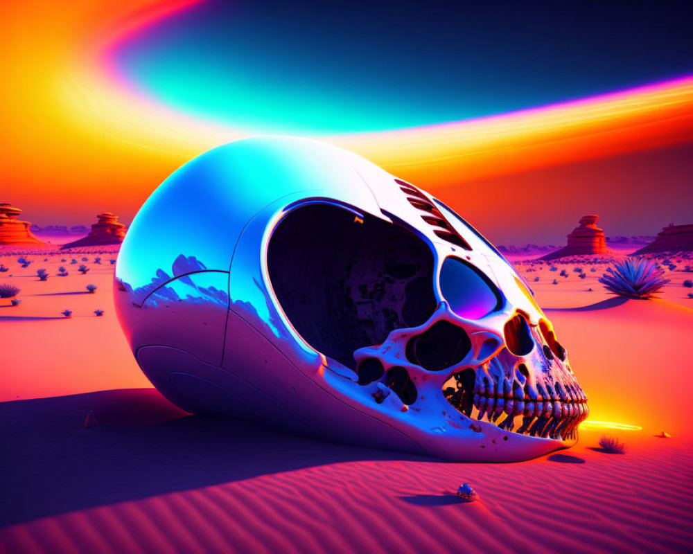 Giant humanoid skull on desert sands under multicolored sky