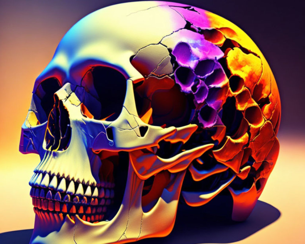 Colorful gradient human skull with honeycomb pattern - Digital art.