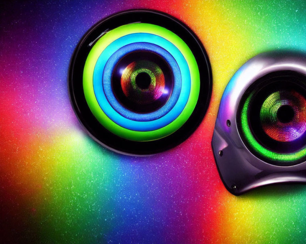 Colorful neon rainbow LED speakers on sparkling gradient background