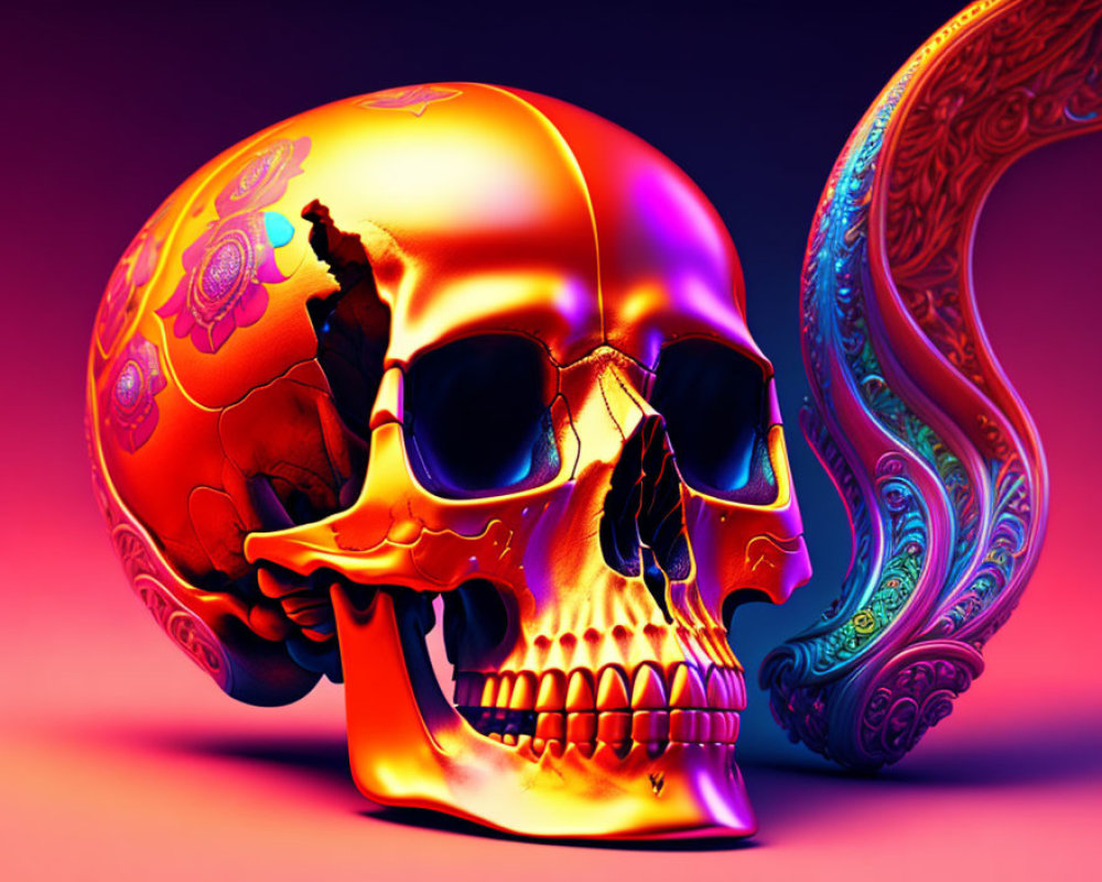 Colorful skull with intricate patterns on neon background and swirling design